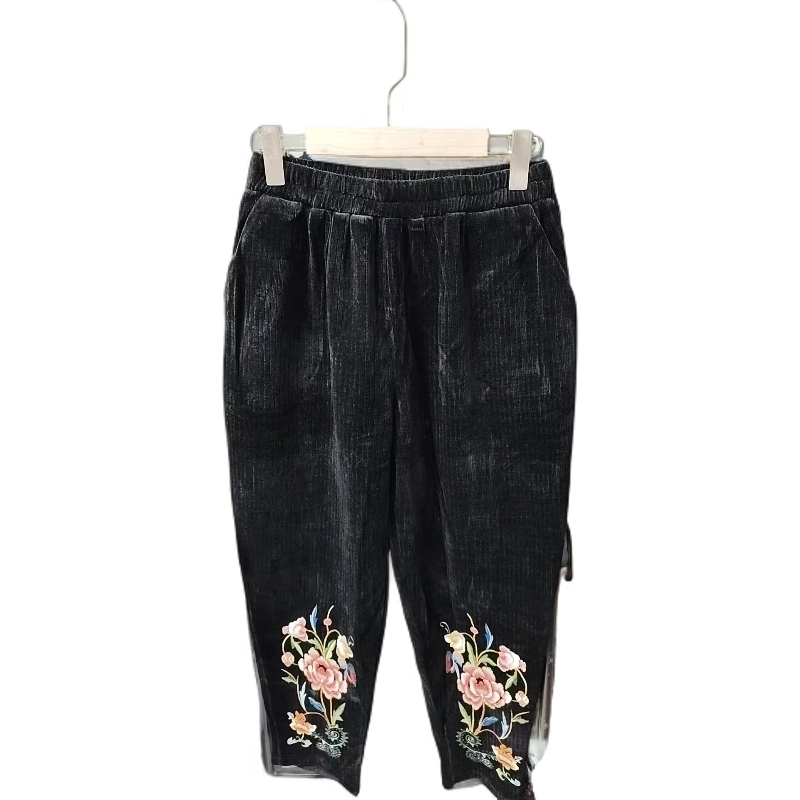 黑色绣花松紧腰裤子