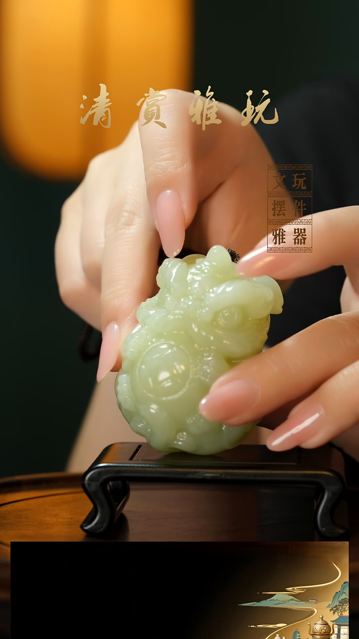 玉《醒狮抱球》手把件摆件