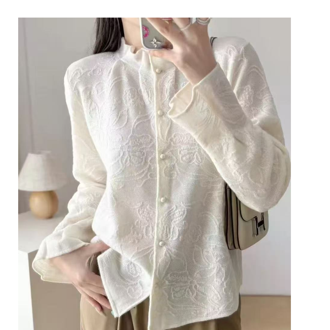 【亦菲me】巨温柔花苞领花瓣袖长袖羊毛蕾丝开衫90-26255