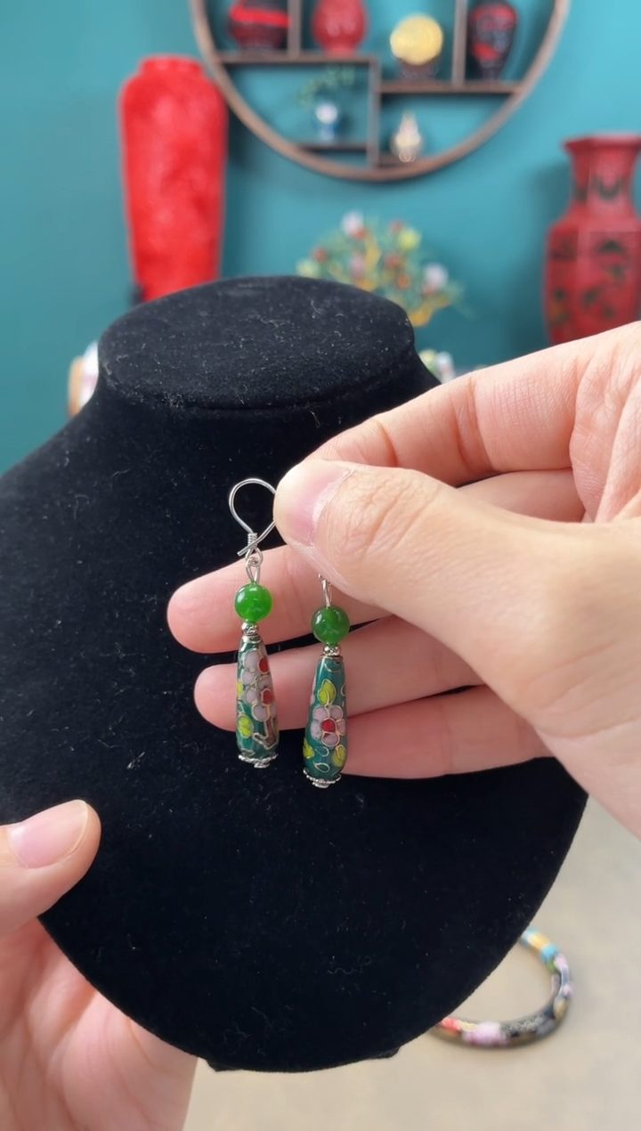 非遗 景泰蓝耳饰 水滴 绿色