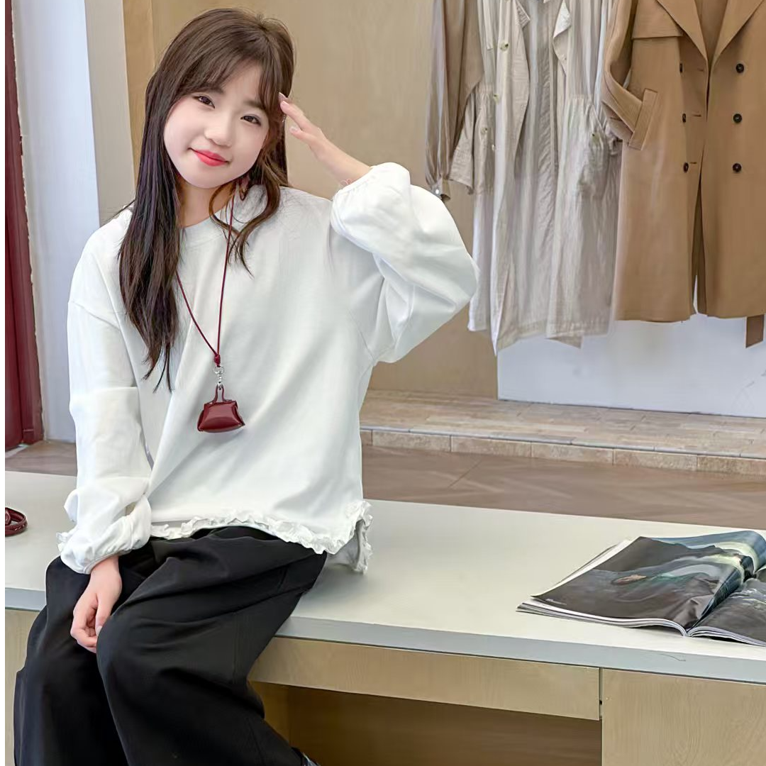 秋季女大童百搭长袖T恤花边洋气套头打底衫中学生极简风-SA012