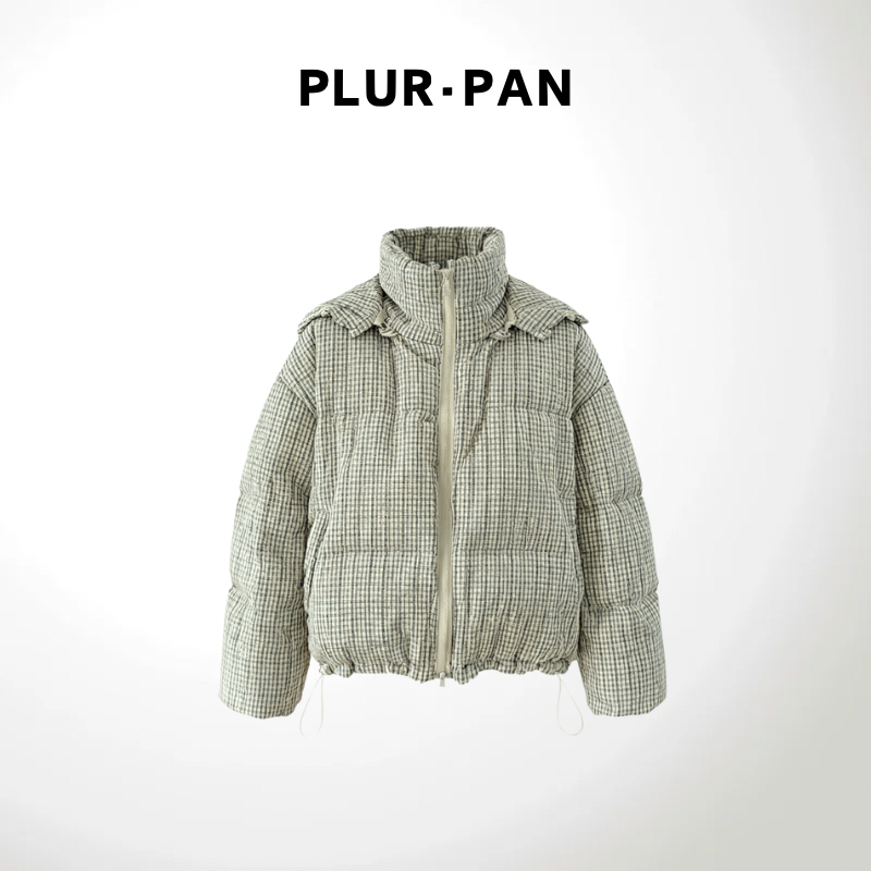 PLUR·PAN轻盈廓形连帽格纹龟背羽绒服