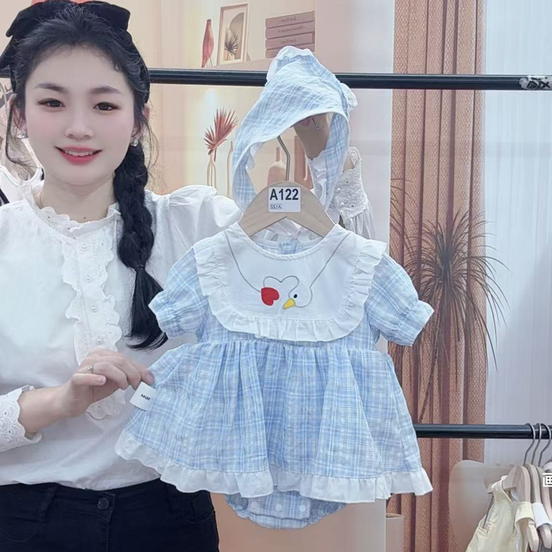 新款夏季蓝色泡泡袖公主爱心裙宝宝洋气夏款百搭