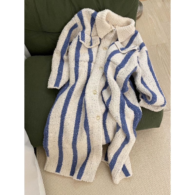 法式复古条纹针织半边绒睡袍女秋冬新款晨袍加厚浴袍家居服睡衣女