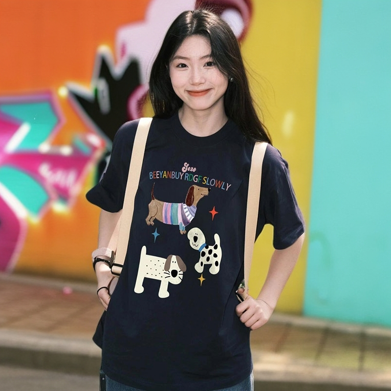 300斤特大女装小狗印花设计短袖女2025新款胖MM显瘦遮肉宽松T恤