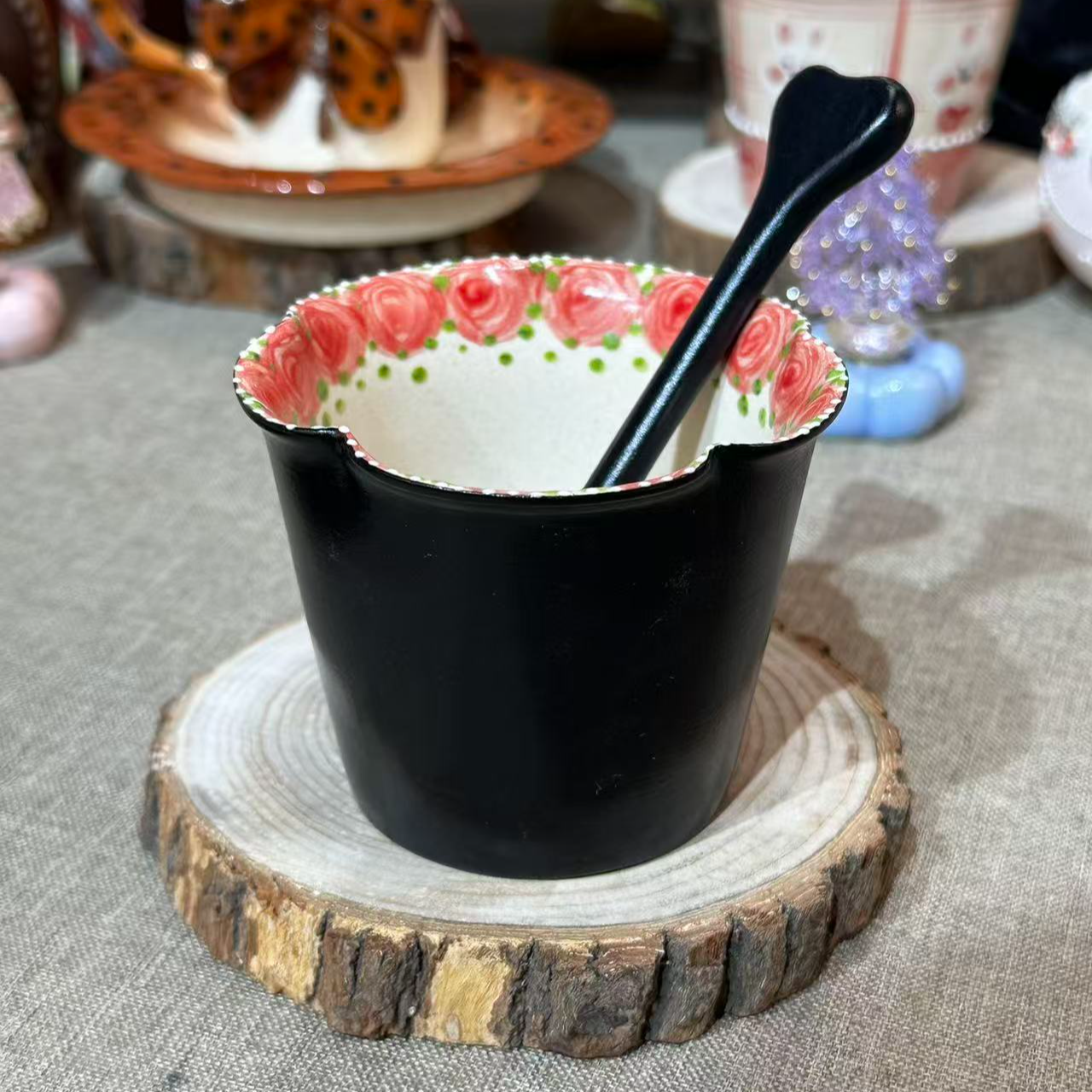 A411黑色花口杯勺可爱手绘陶瓷杯盘手工手绘创意