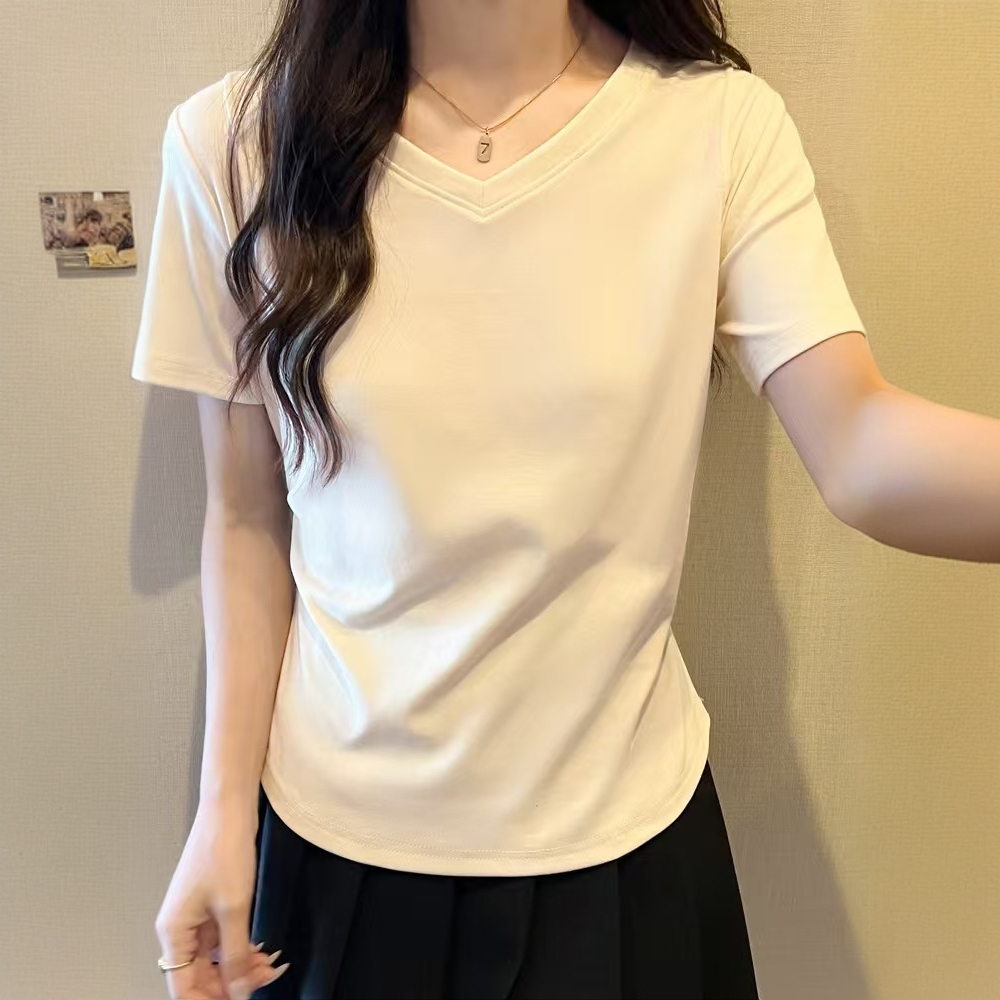 宽松立体鱼骨肩线弧形T恤半袖洋气打底衫夏季薄款V领收腰简约上衣