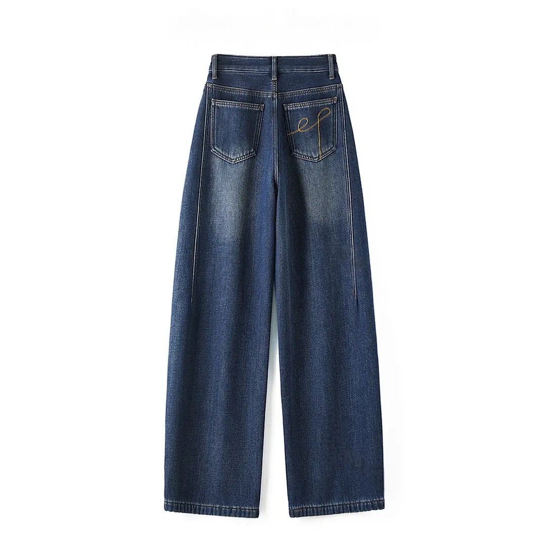 高品原初刺绣款弯刀阔腿牛仔裤女冬季新款复古宽松加绒显瘦长裤子