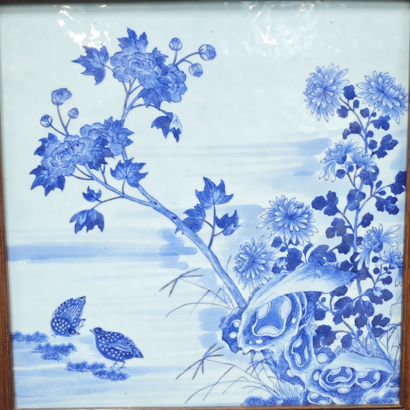 清 乾隆 青花鹌鹑花卉瓷板画古陶瓷W-