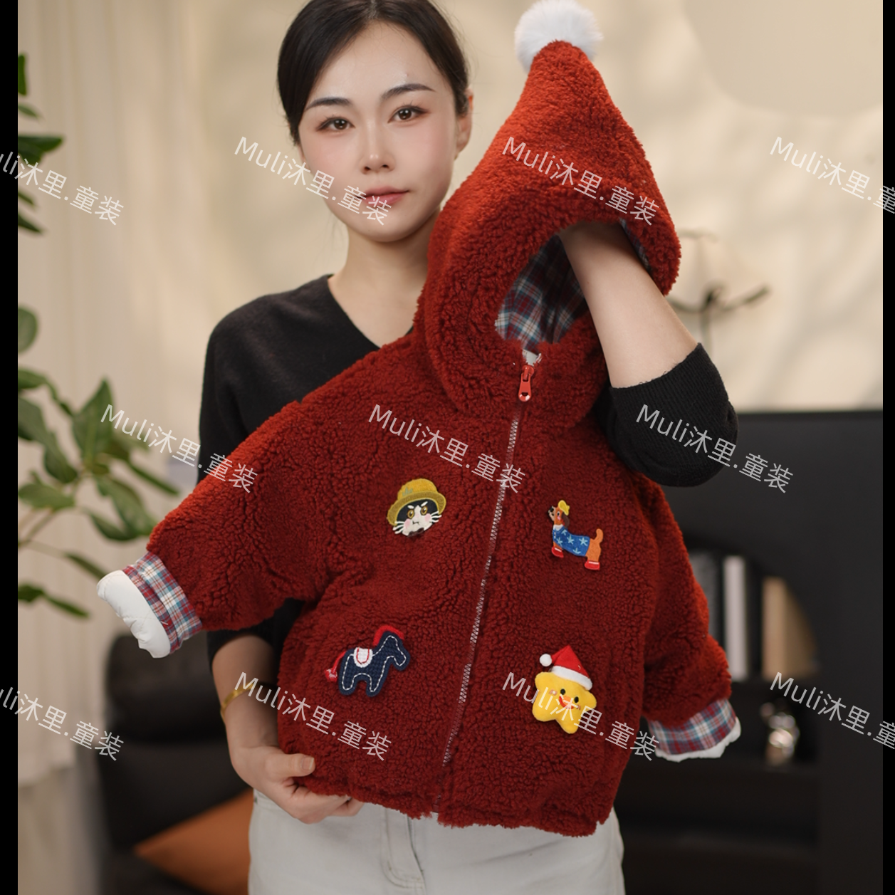 儿童新年精灵帽红色羔羔毛外套冬款小童加绒加厚格子拼接ML-665