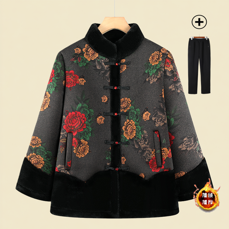 奶奶冬装洋气皮毛一体外套加绒加厚棉衣中老年女新款立领复古唐装