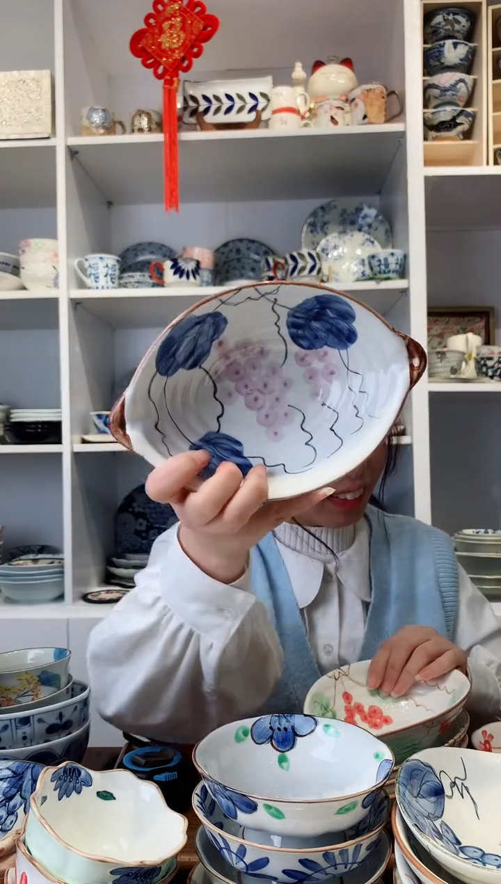 【闪购商品】钛合金日本进口蓝染葡萄双耳钵
