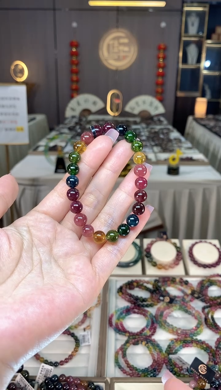 未镶嵌冰透体老矿碧玺彩虹单圈手串8mm+碧玺hon多样性发一条