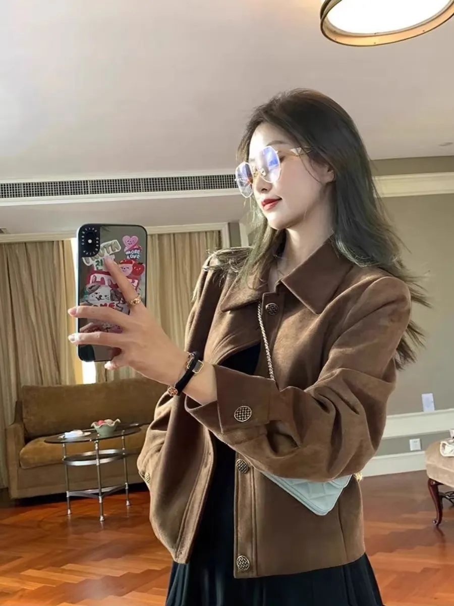 美拉德咖色外套女短款春秋款韩系宽松休闲复古小个子夹克上衣