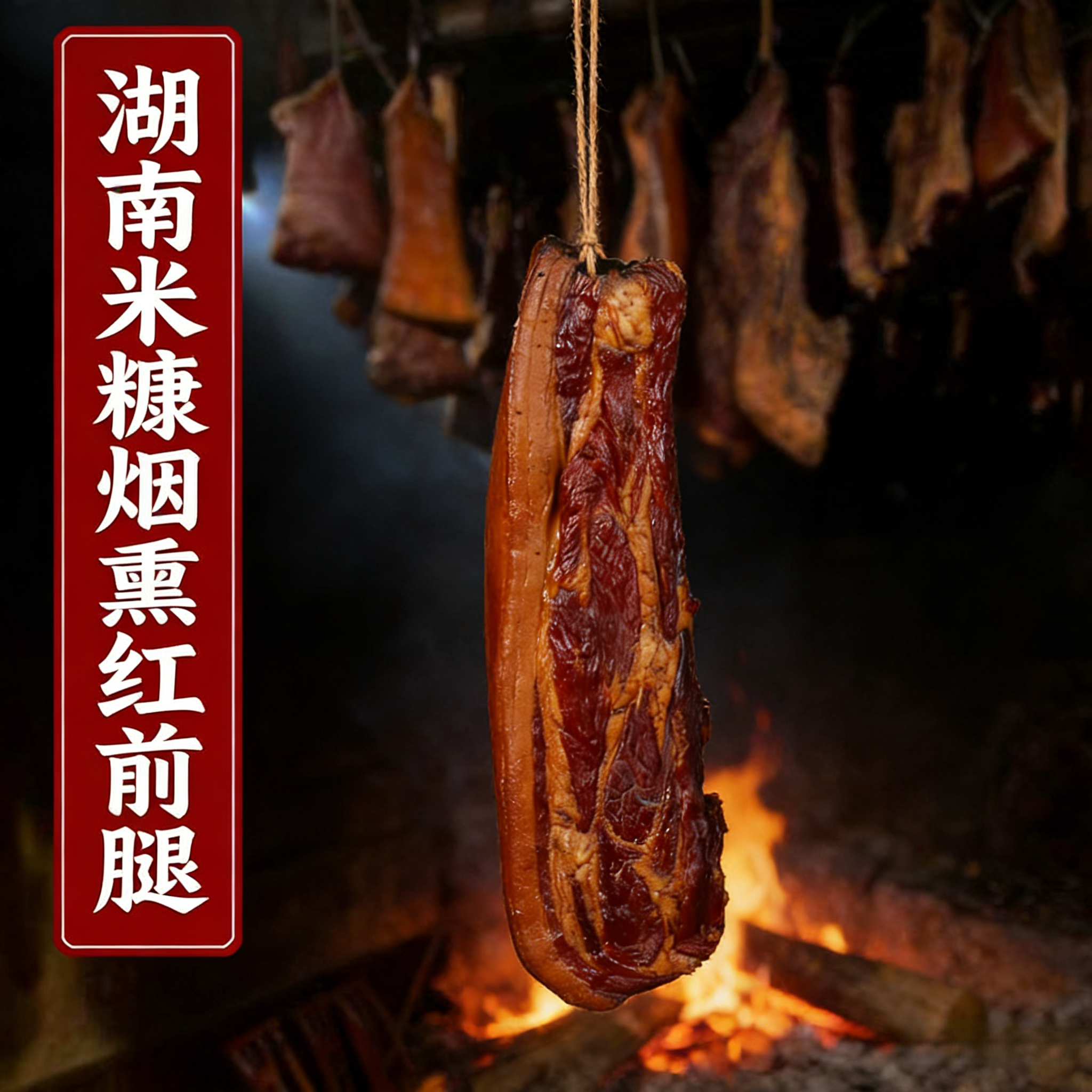 【直播现称】正宗湖南特产米糠柴火老腊味批发湖南烟熏红前腿肉