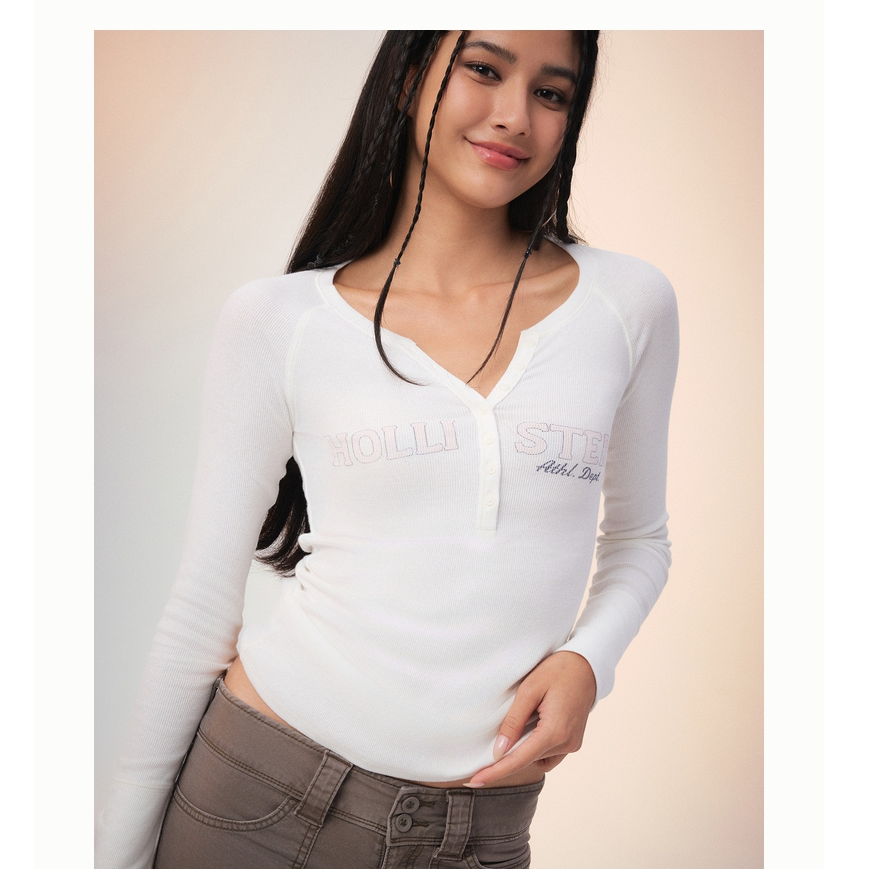 Hollister25秋新款LOGO美式辣妹亨利领印花长袖T恤女装357-5019