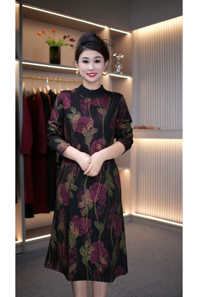 洋气妈妈加绒加厚烫金玫瑰花柔软显瘦气质连衣裙