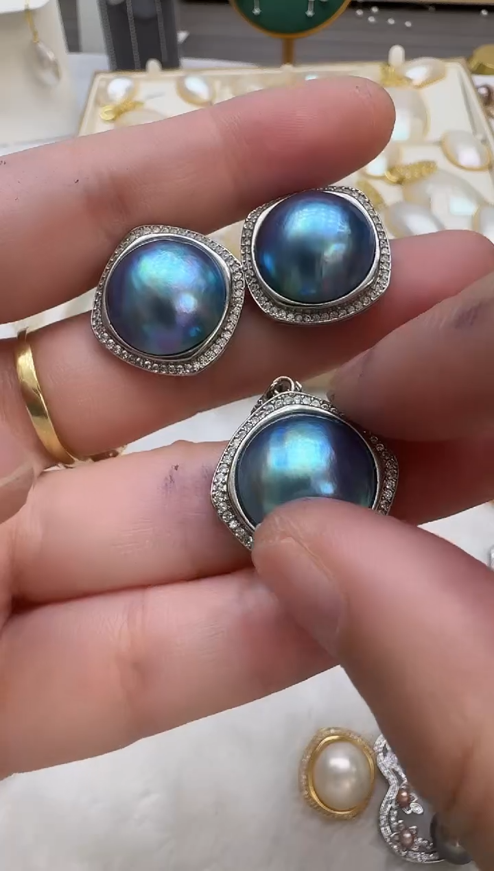 耳饰拼合珍珠（马贝珠）未镶嵌蓝色套装