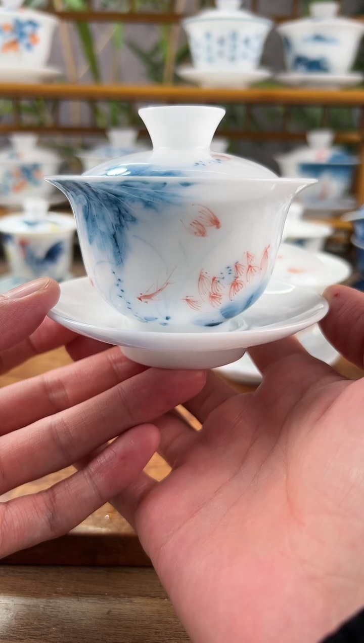 【闪购商品】微瑕高冰蓝莲130ml三才盖碗