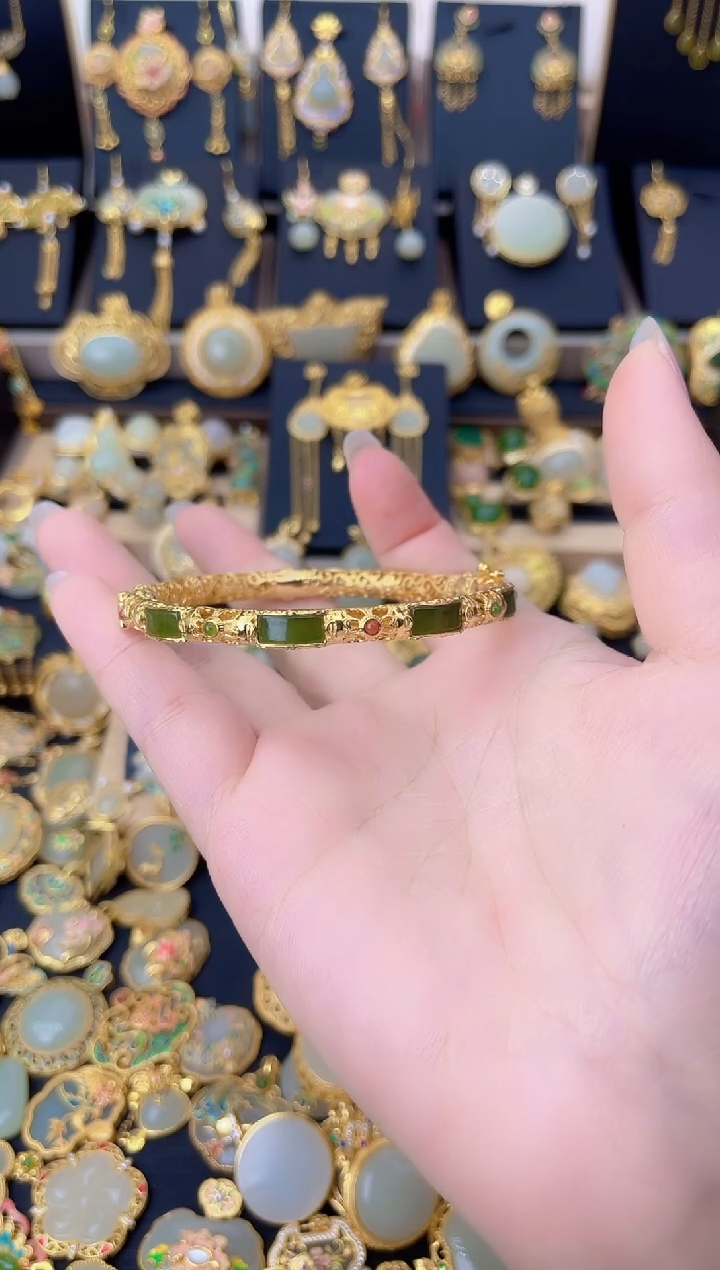 项圈银S925镀金镶嵌和田玉和田玉碧玉花丝镂空手镯