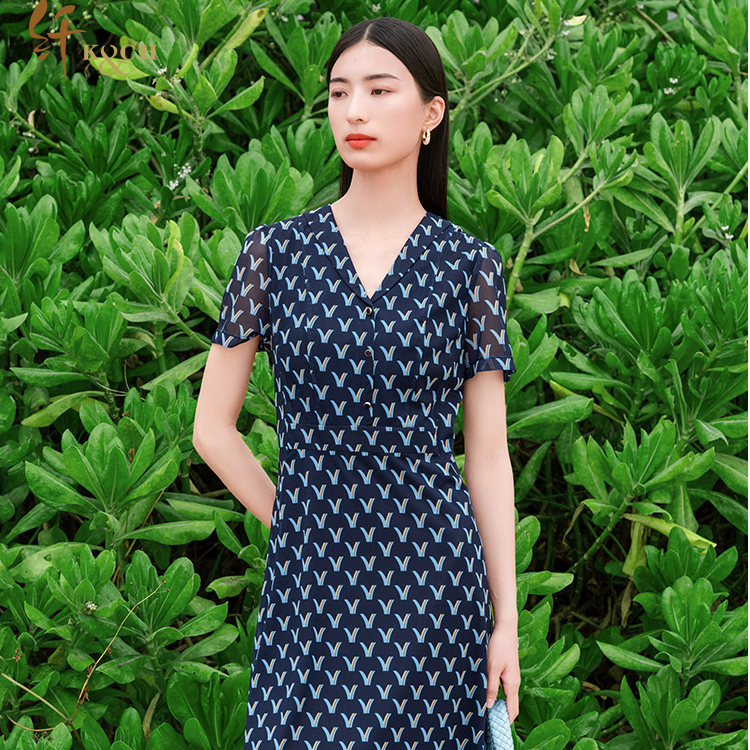  K&CH纤牌时装/夏季新款法式复古中长款印花连衣裙8462S190D1