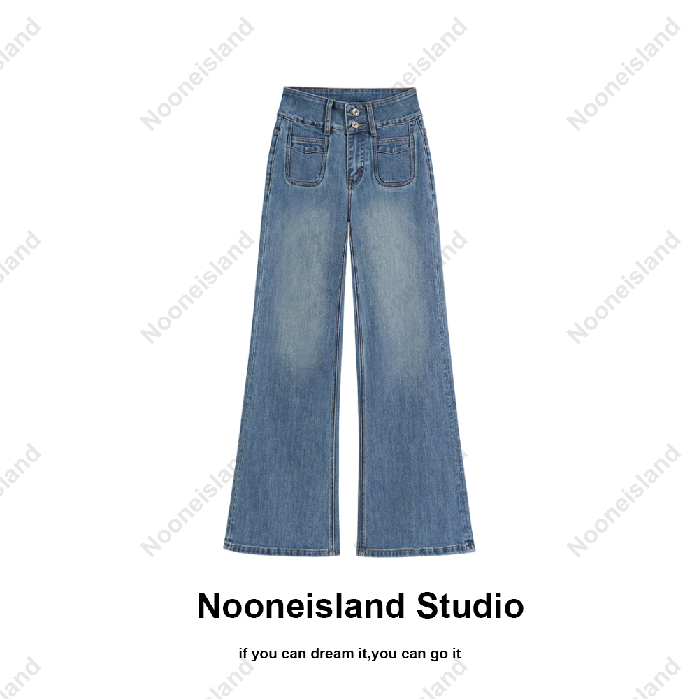 Nooneisland冬季加绒高腰显瘦微喇牛仔裤新款阔腿百搭裤子6110