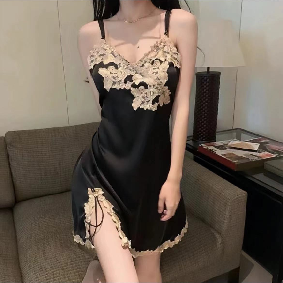 【双11先享】【日落sunset】刺绣睡衣法式深吊带睡裙情侣战睡衣女秋冬