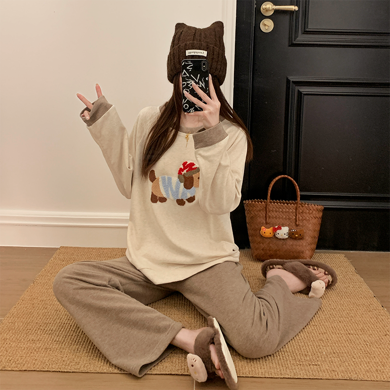 六月玫瑰秋冬腊肠狗圆领薄绒居家可外穿保暖减龄舒适长袖睡衣L004