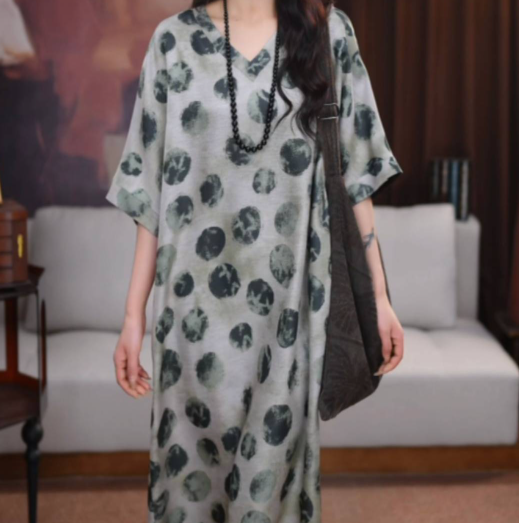 B[景柏]香云纱长款百搭时尚宽松夏季花新中式气质国风连衣裙