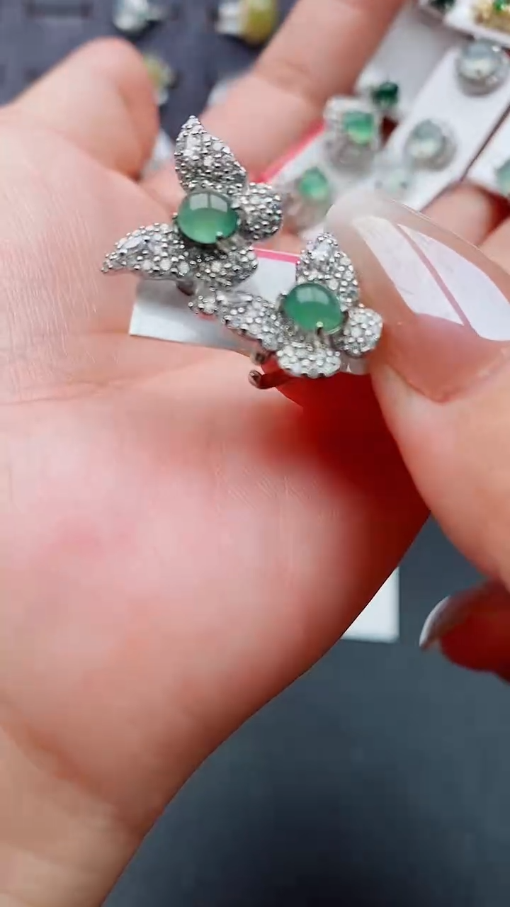 银S925镶嵌戒指翡翠天然翡翠A货