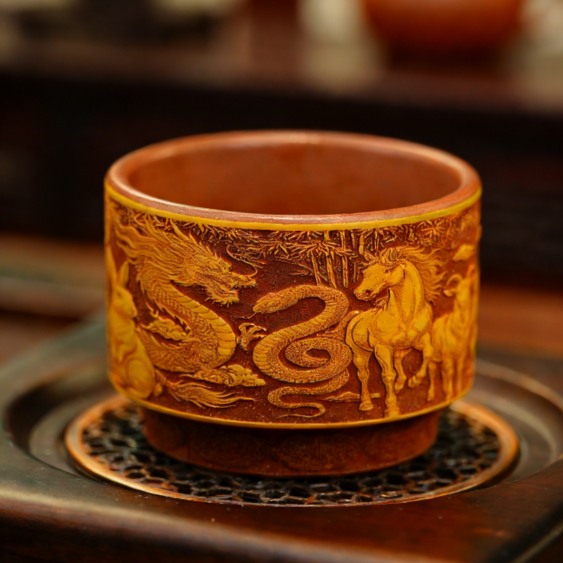 【宜兴原矿】大红袍黄金段粉浆全手工紫砂主人杯 十二生肖刻绘！