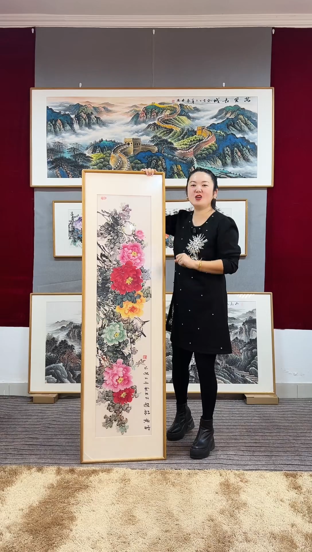 国画手绘牡丹162*47尺寸