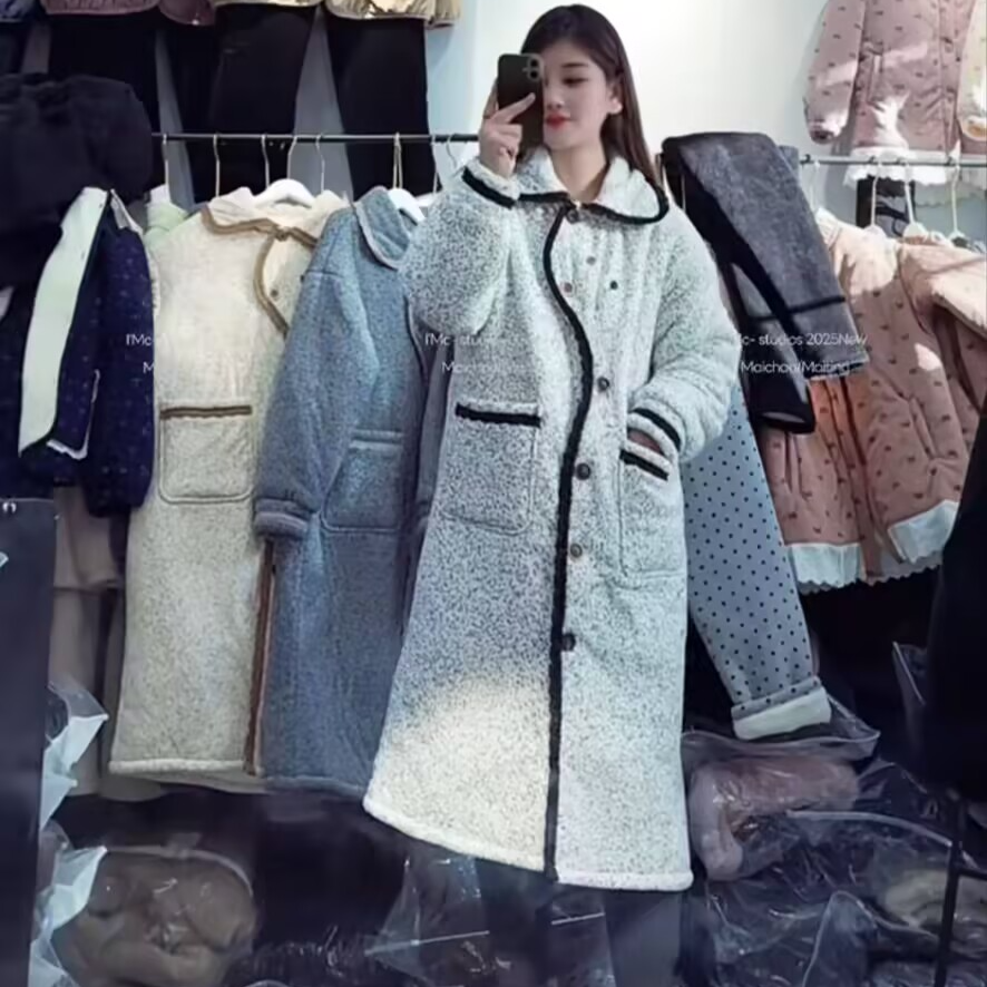 长款冬季女套装百搭满天星小香风睡衣气质三层加厚家居服长袍