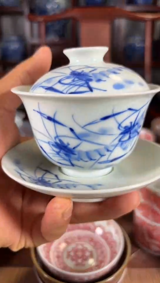 柴窑青花虾纹三才盖碗