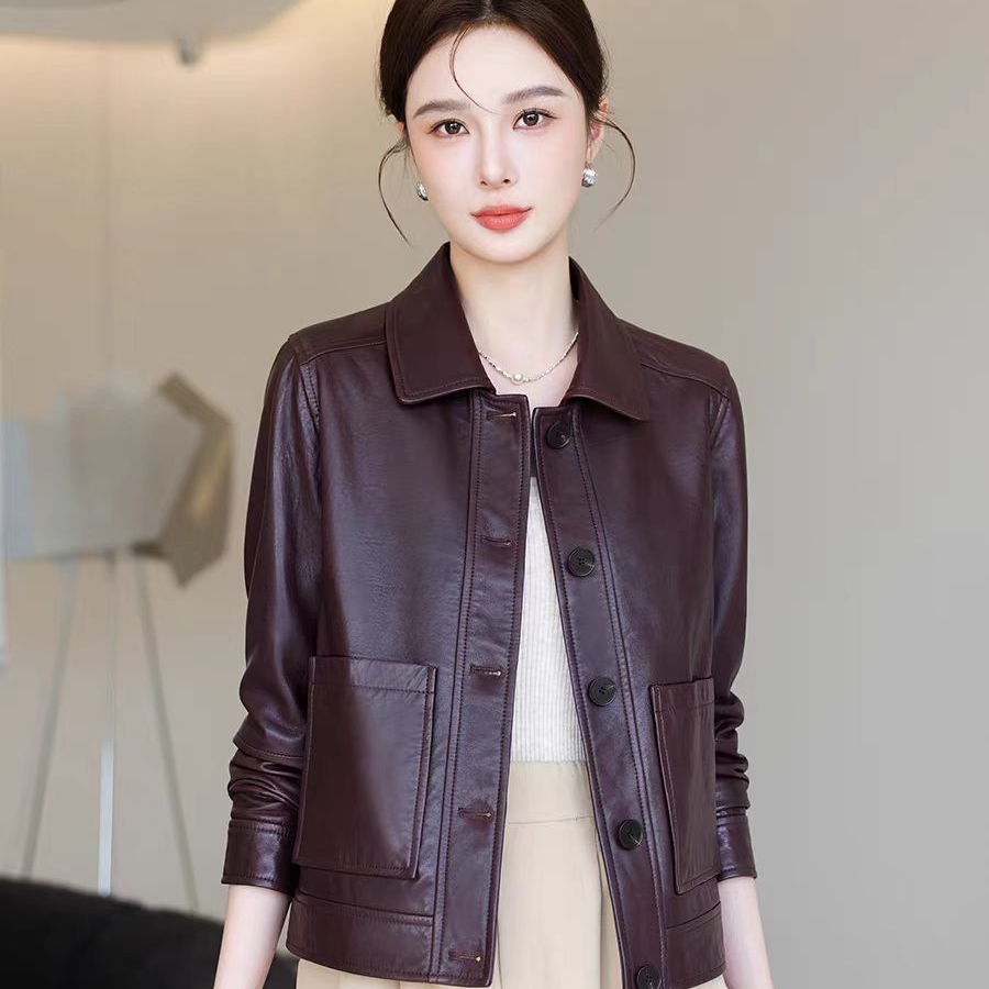海宁正品短款皮衣女2025春季新品皮夹克翻领小个子短外套