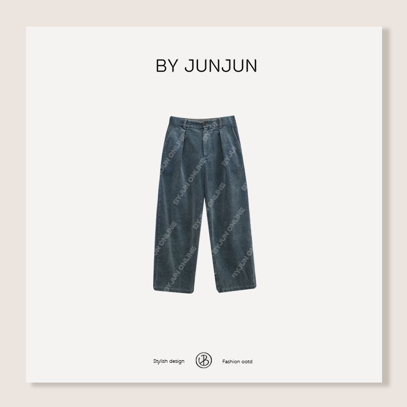 Byjunjun迷雾 做旧洗水蓝8分条绒裤冬季新款百搭休闲裤
