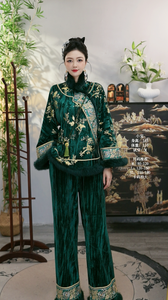 【夏维莲·棠溪】新款国风加绒雀绿色新中式女装套装（A089+A099）
