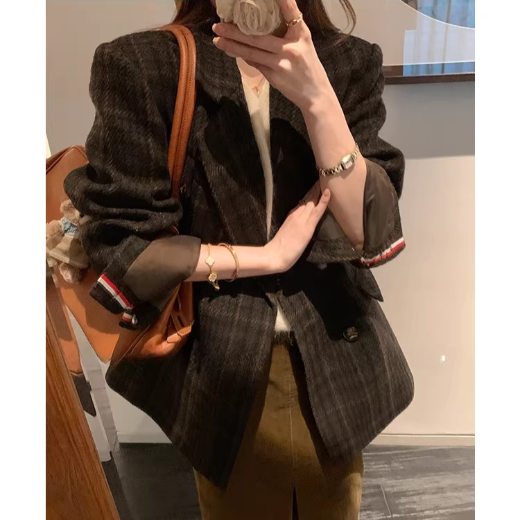 高端货~2026年新品经典复古格子西装廓形显瘦羊毛毛呢外套女大衣