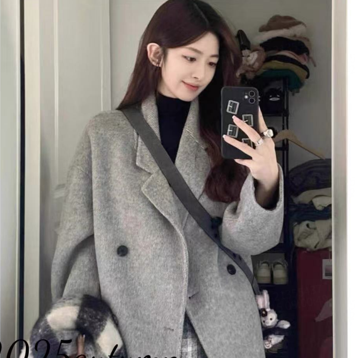 2025秋冬新款气质简约高级中长款腰带双面毛呢羊毛外套B033