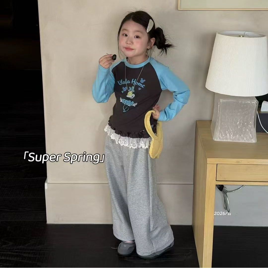 女童26春季新款韩版卡通米奇长袖T恤上衣ins撞色纯棉休闲打底套装