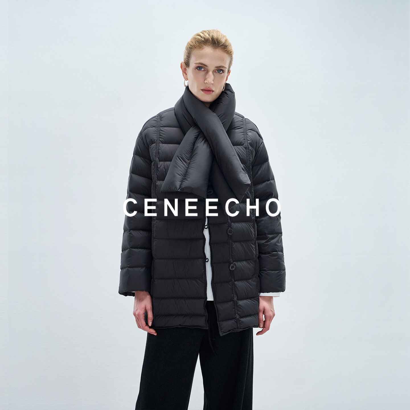 CENEECHO标准90白鹅绒羽绒服女围巾领外套上衣高级感N042