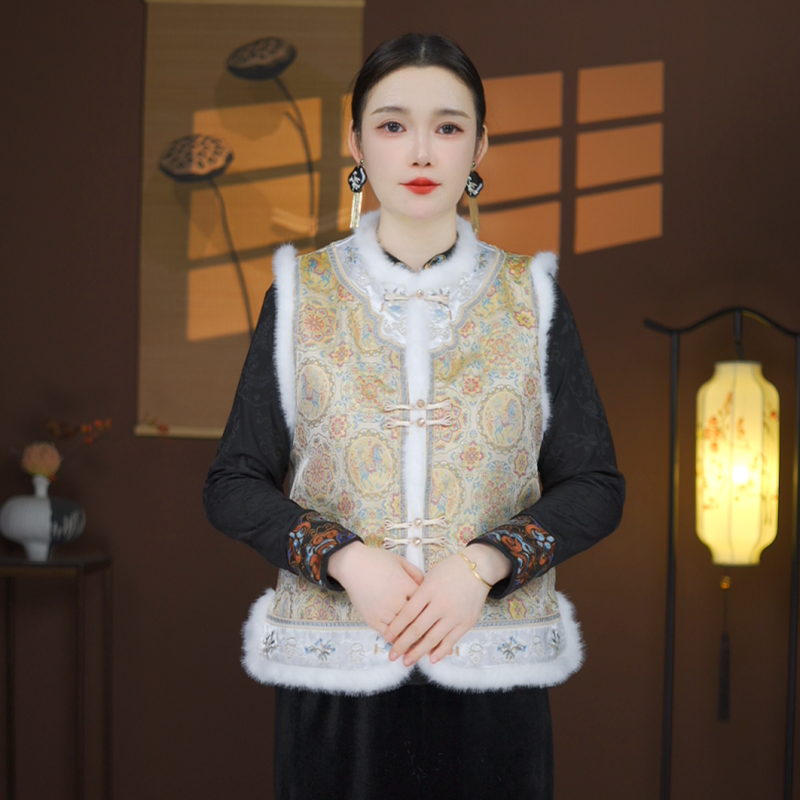 2025新中式加棉加厚刺绣马夹国风V领女士百搭国风马甲外套民族风