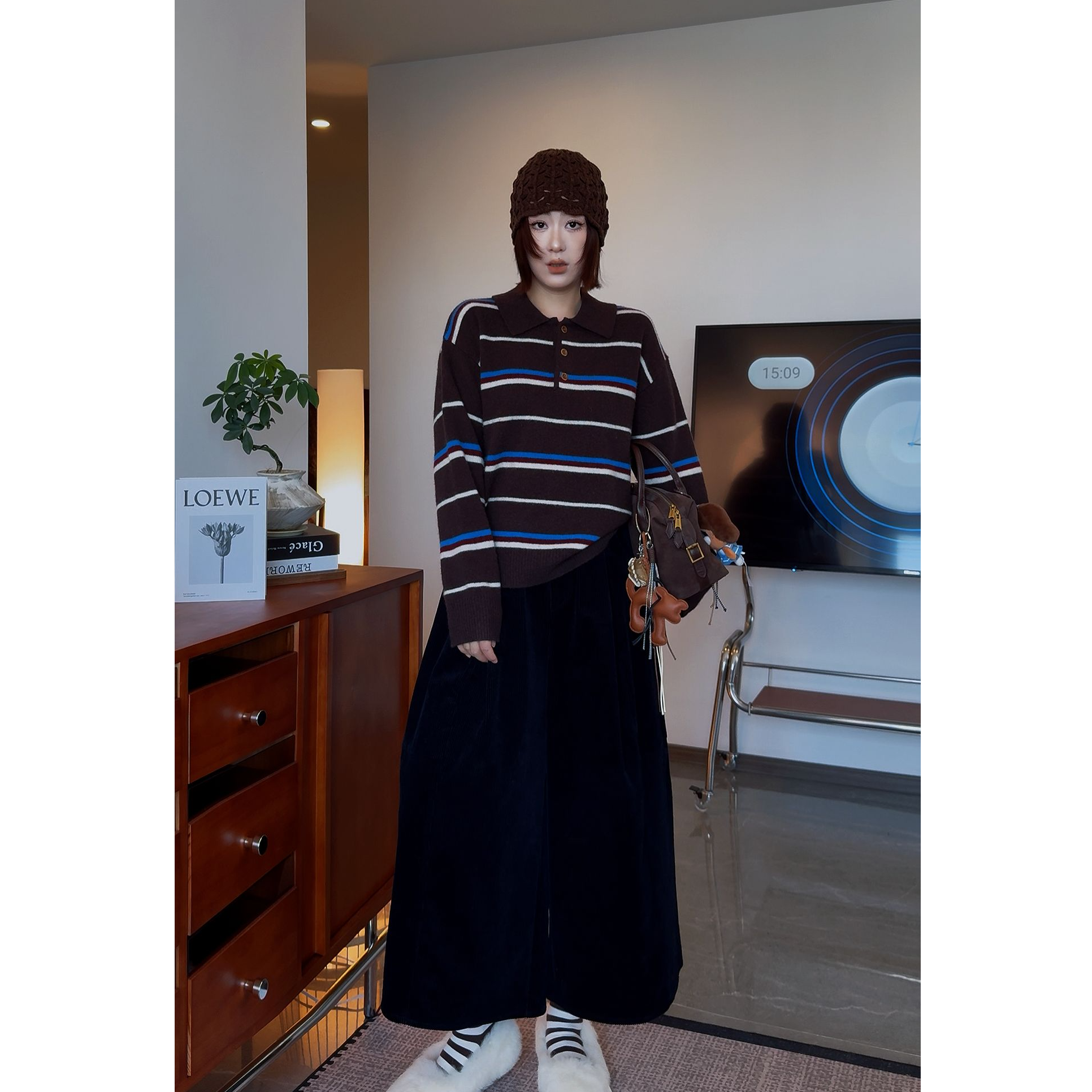 POLO条纹毛衣-韩版100羊毛翻领撞色条纹 M5559