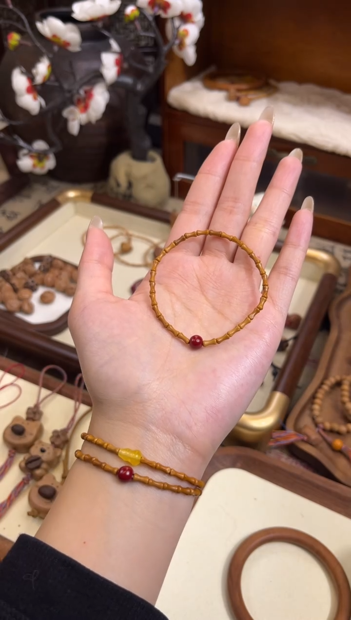 手串桃核【桃缘行】竹节「红色莎莎」桃木桃核辟、挡、驱、护 备注手围