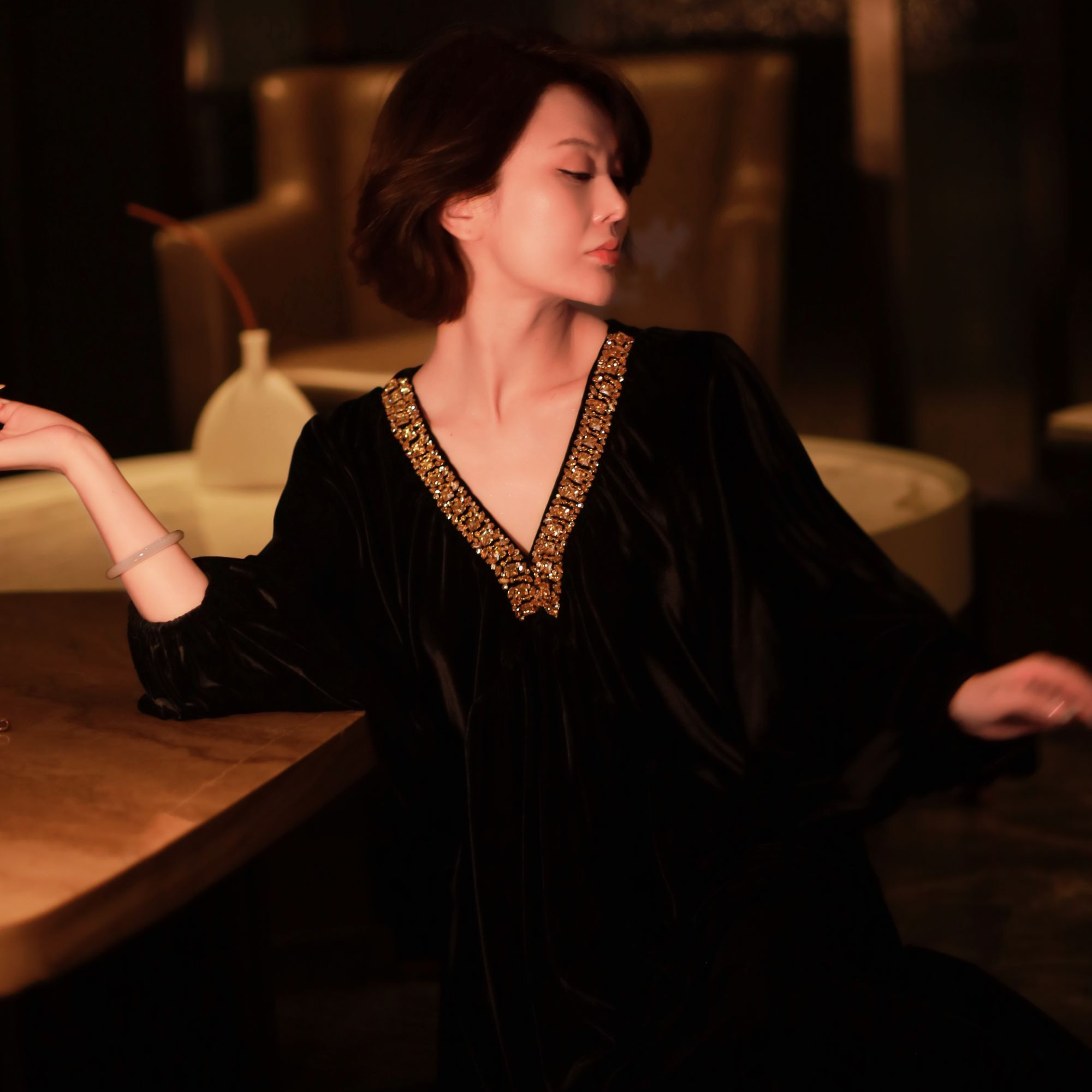 新中式｛暗夜流光｝原创丝绒长款连衣裙WW8018