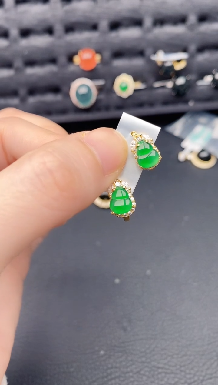 银S925镶嵌翡翠耳饰天然a货翡翠334