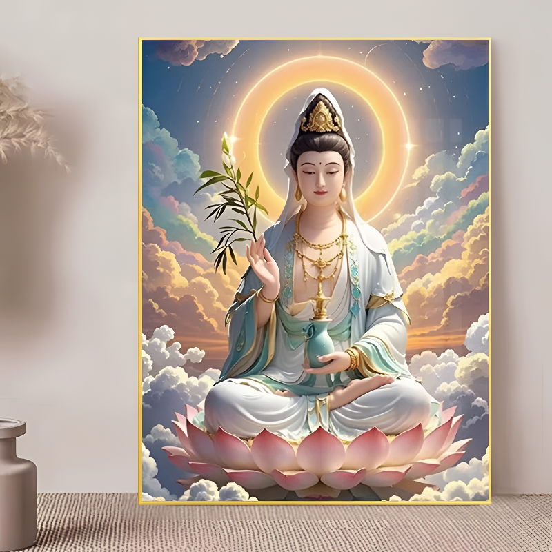 方钻滴水观世音钻石画2025新款坐莲花菩萨粘钻画佛像5D点钻十字绣