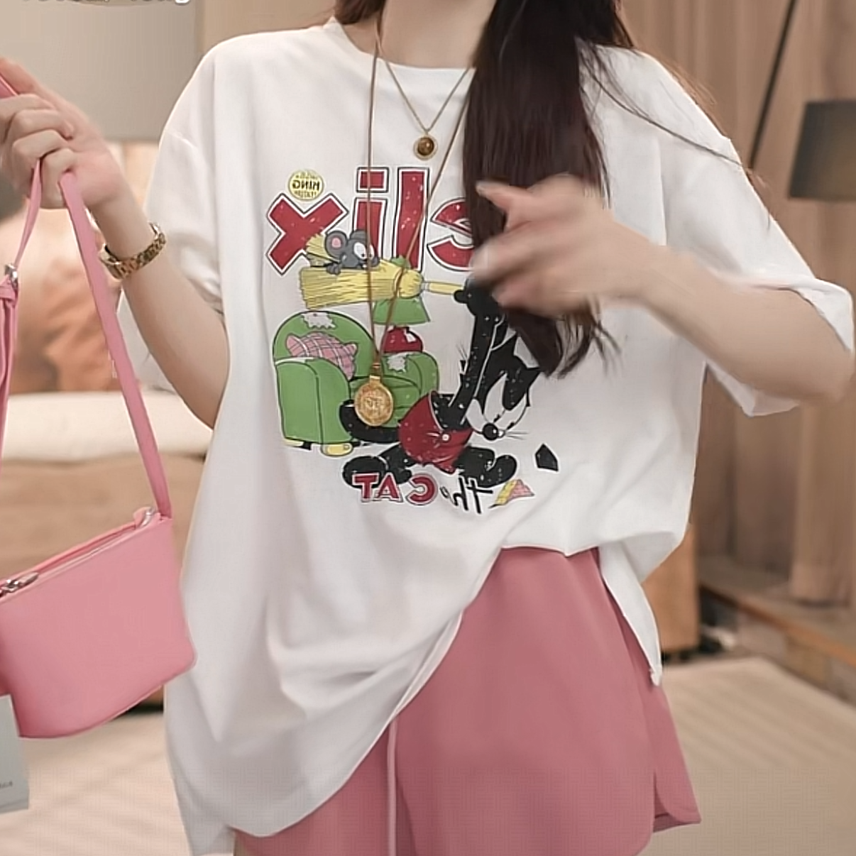 【珊珊专属】宽松卡通拼接蕾丝印花短袖T恤女2025新款夏季15725