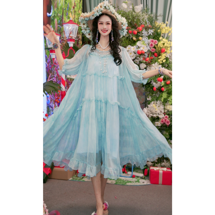 【木妍专属】欧若风夏季桑蚕丝气质宽松时尚长款女装连衣裙251D518