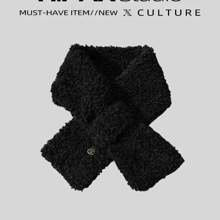 安哥拉红流行色韩系保暖百搭羊羔毛交叉短款小围脖冬季围巾